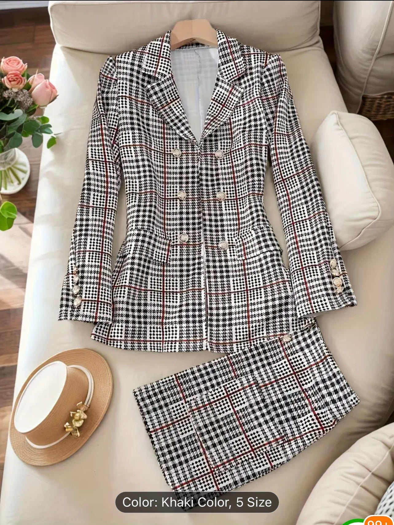 Elegant Houndstooth Print Double-Breasted Blazer Set - Women's Blazers with Puff Sleeve, High Waist Bodycon Mini Skirt Outfit, Classic Lapel Neck, Formal Office Wear, Party and Evening Occasions