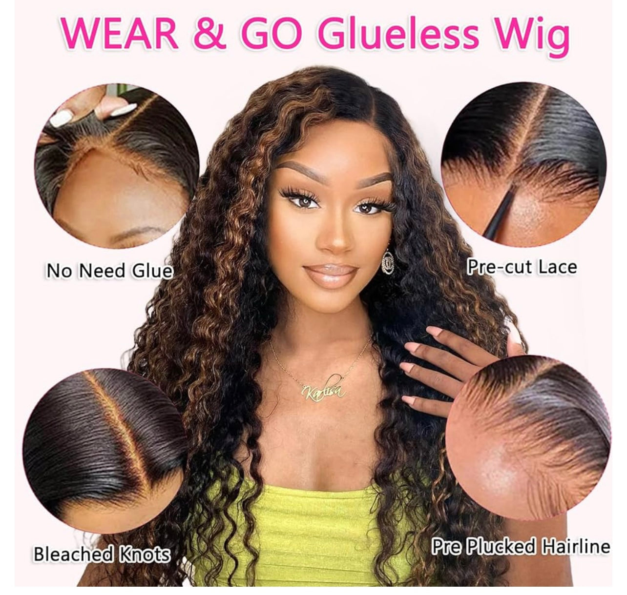 Glueless Wigs Human Hair Pre Plucked Pre Cut Brown Highlight Curly Lace Front Wig 5x5 HD Lace Closure Wigs Human Hair Wear And Go Glueless Wig for Women 20 Inch