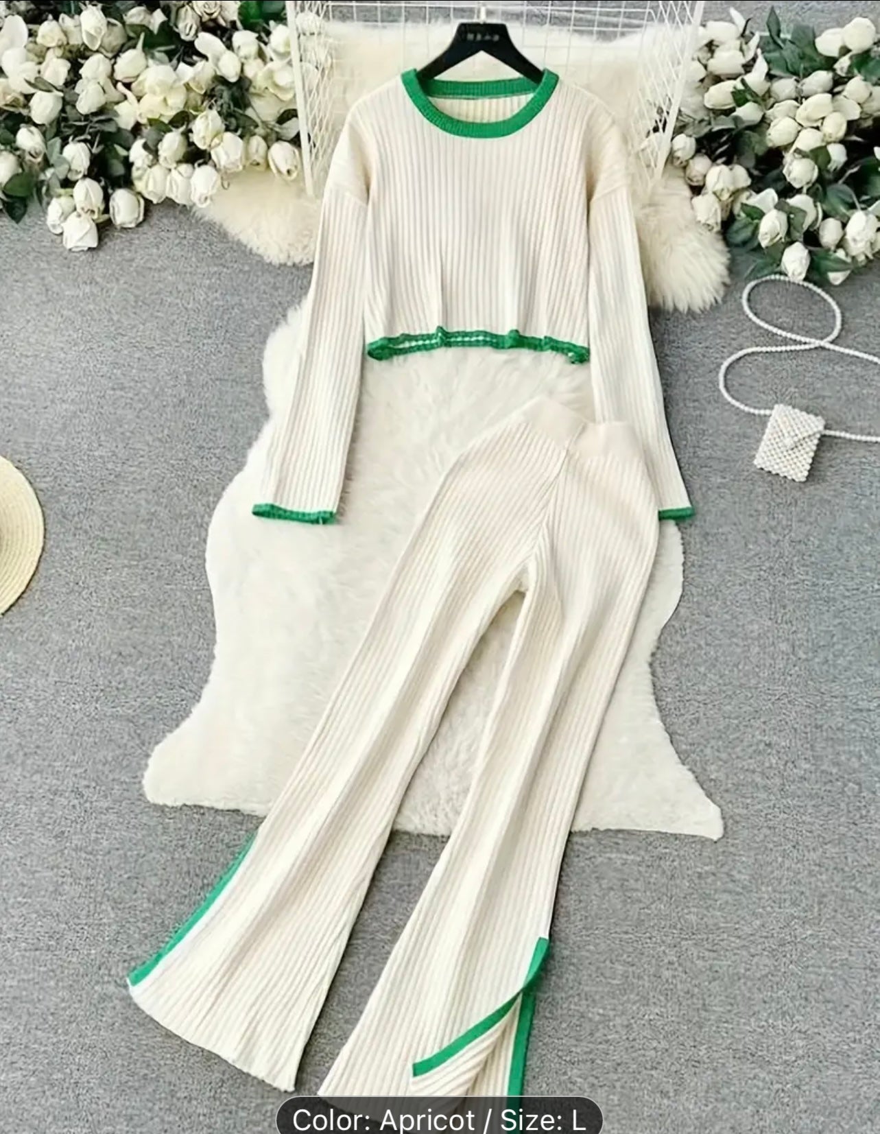Stylish Ribbed Pantsuits - Elegant Contrast Trim, Drop Shoulder Long Sleeve Crop Top, High Waist Slim Pants, Comfortable Women's Clothing for Everyday Wear
