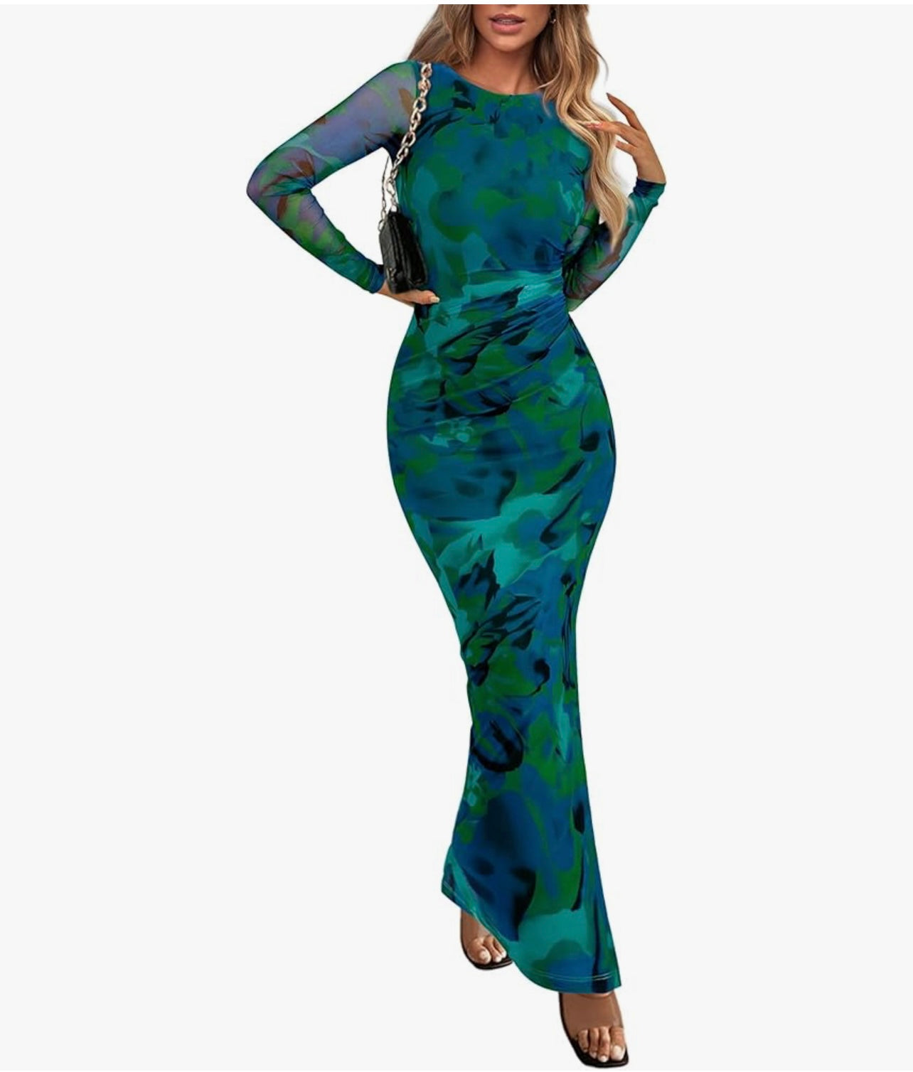 Women's Bodycon Maxi Dress Fall Fashion Long Sleeve Floral Print Tight Fitted Party Club Ruched Dresses