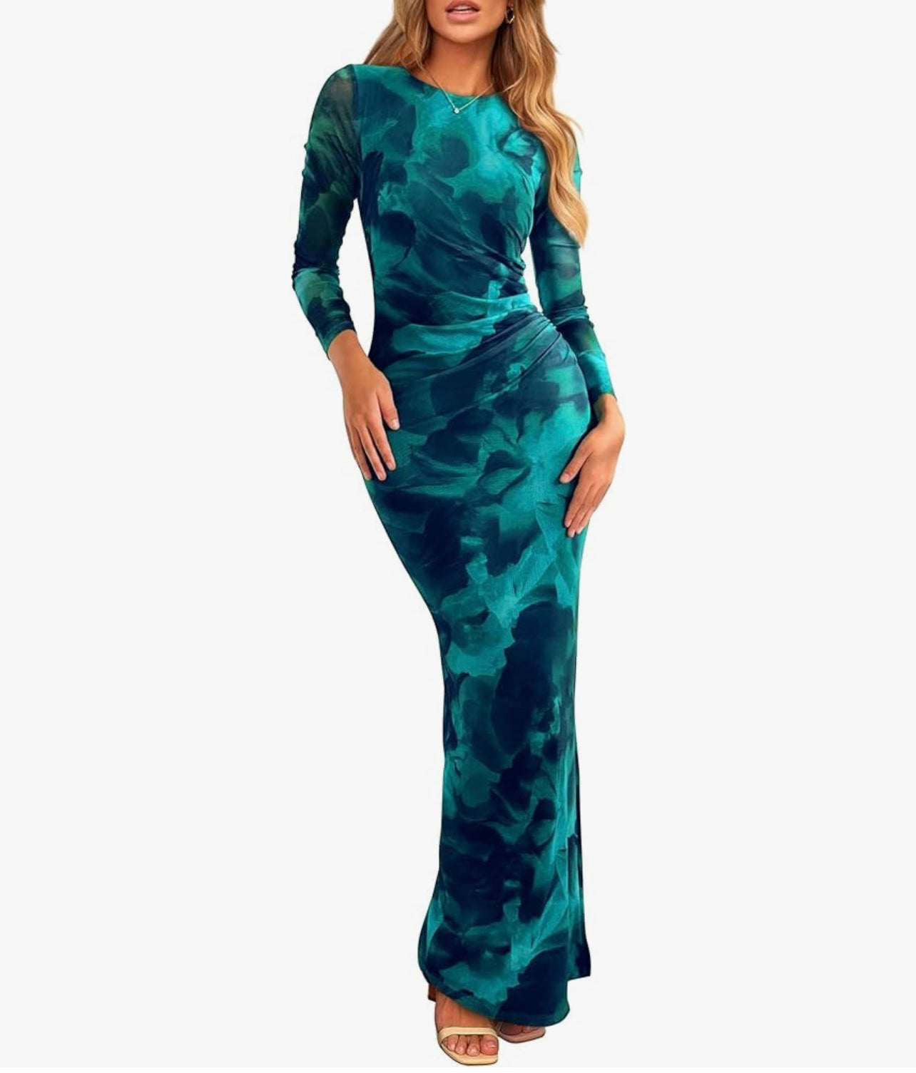 Women's Bodycon Maxi Dress Fall Fashion Long Sleeve Floral Print Tight Fitted Party Club Ruched Dresses