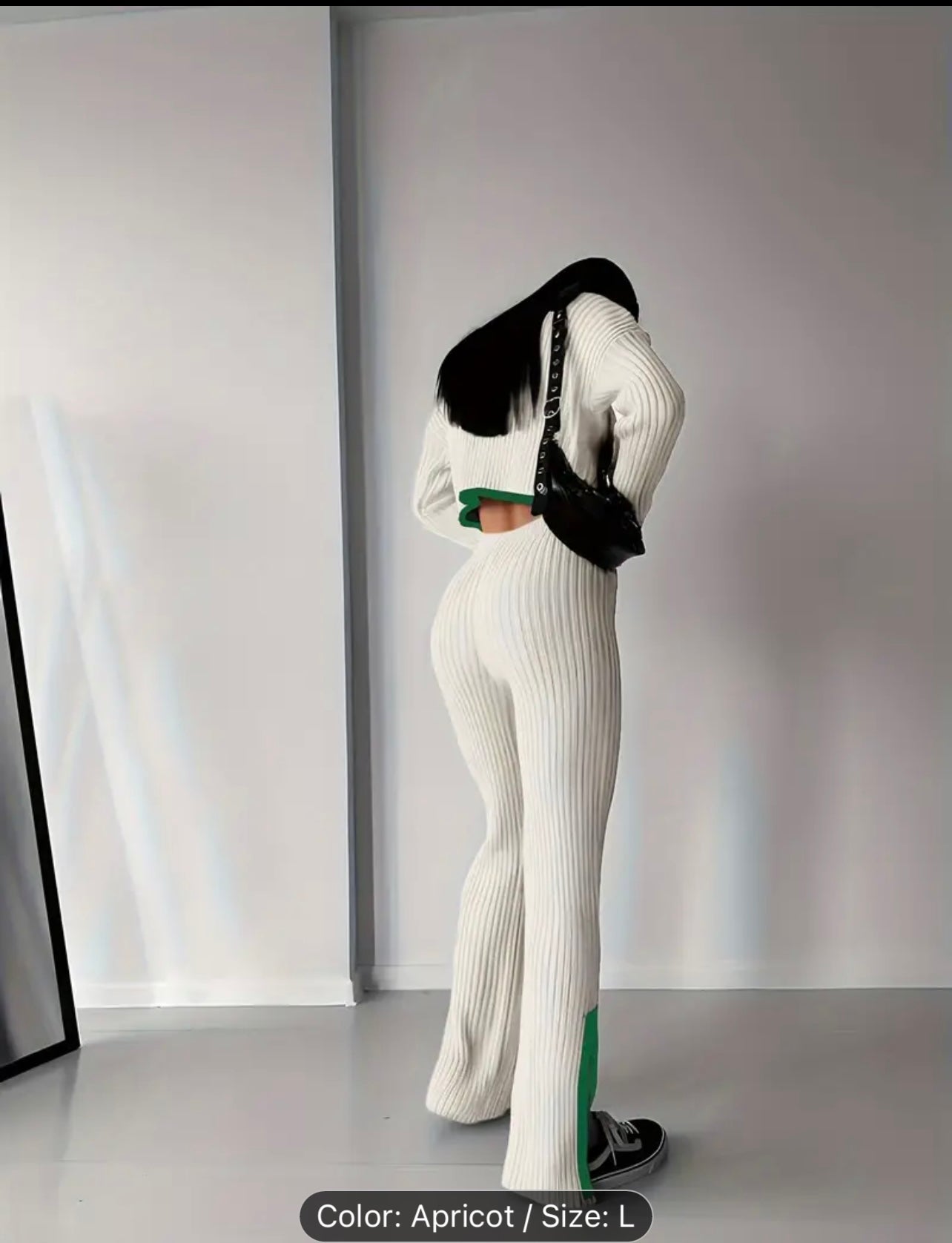 Stylish Ribbed Pantsuits - Elegant Contrast Trim, Drop Shoulder Long Sleeve Crop Top, High Waist Slim Pants, Comfortable Women's Clothing for Everyday Wear