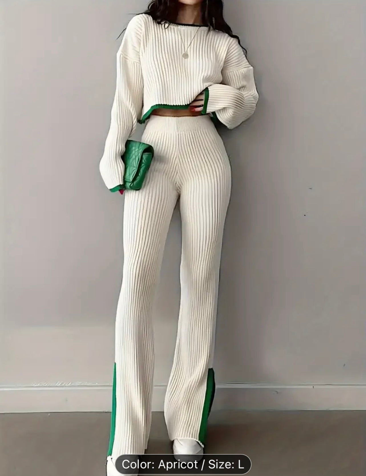 Stylish Ribbed Pantsuits - Elegant Contrast Trim, Drop Shoulder Long Sleeve Crop Top, High Waist Slim Pants, Comfortable Women's Clothing for Everyday Wear