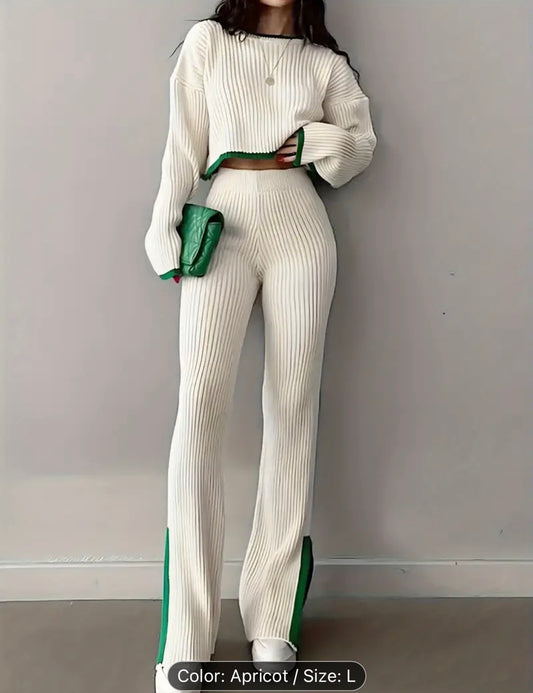 Stylish Ribbed Pantsuits - Elegant Contrast Trim, Drop Shoulder Long Sleeve Crop Top, High Waist Slim Pants, Comfortable Women's Clothing for Everyday Wear