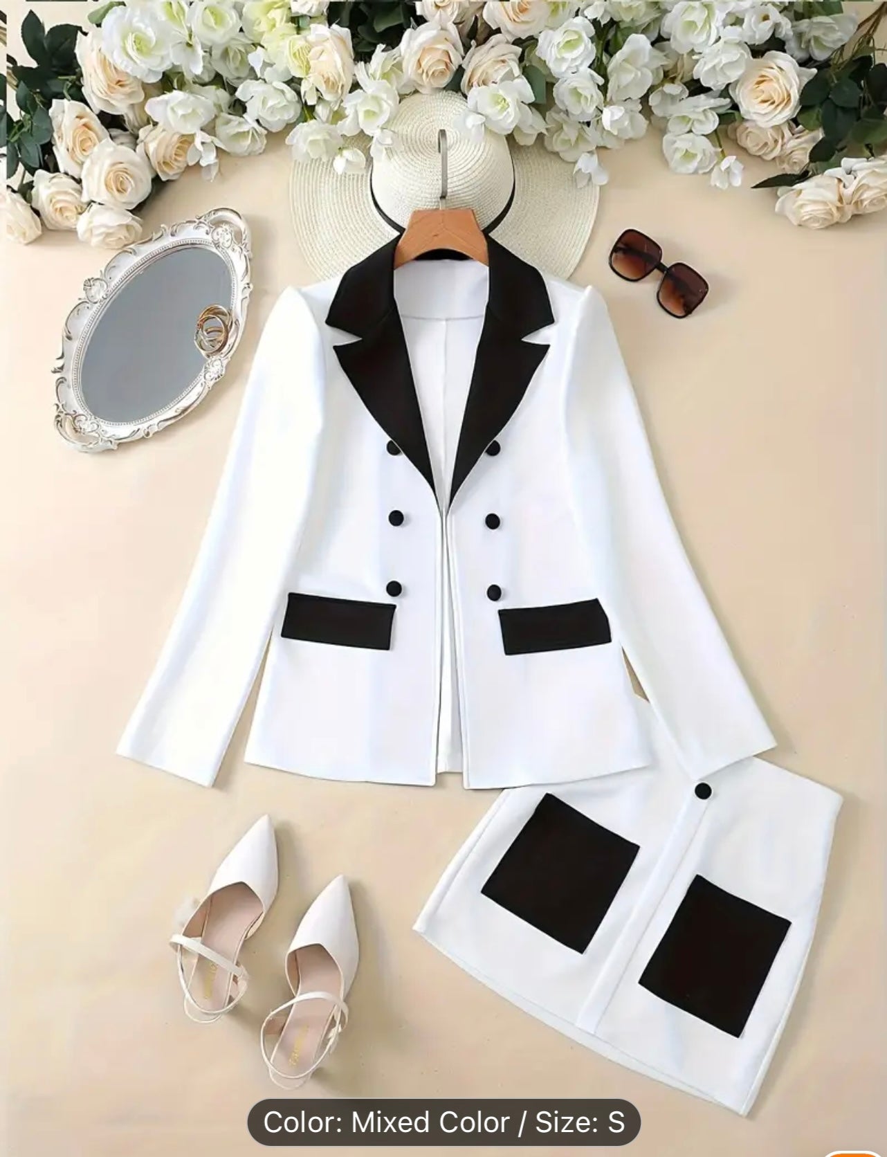 Two-Piece Suit Set - Elegant Lapel Collar Double Breasted Blazer & Bodycon Skirt Outfit - Polyester Mid Elasticity Knit Fabric, Solid Color, No Printing, All Seasons, Elegant Style