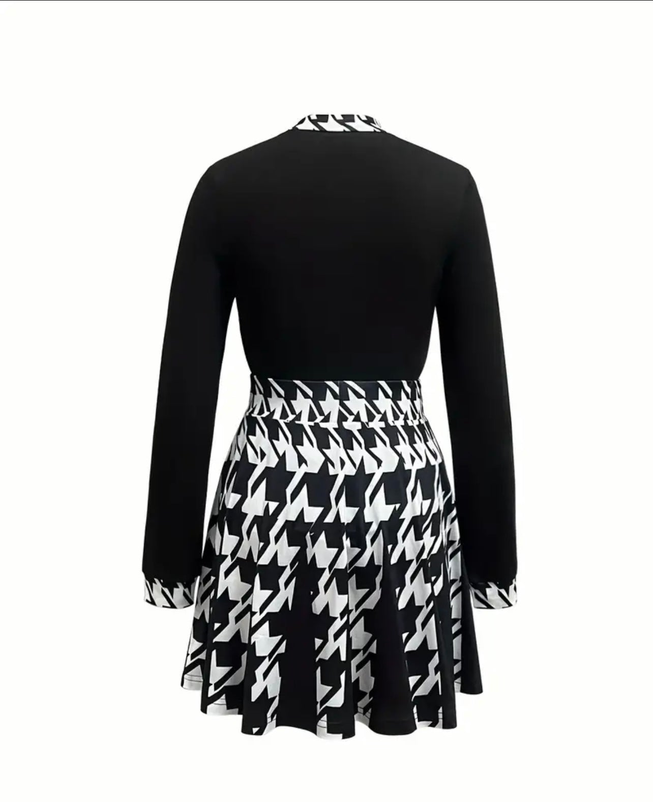 attering Houndstooth Skirt Set - Mock Neck Long Sleeve Top & Pleated Mini Skirt Outfit - Chic Modern Womens Clothing