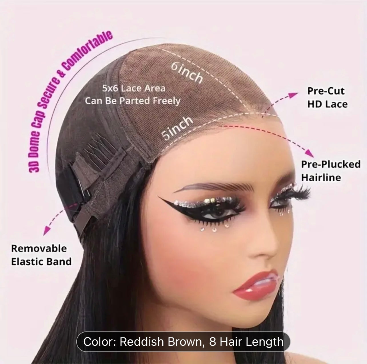 250% Density Reddish Brown Glueless Wigs Human Hair Straight Lace Front Wig 5x6 HD Lace Front Wigs Swiss Lace Wigs With Baby Hair Pre Plucked Lace Natural Brazilian Human Hair For Women No Glue No Skill Ready To Go Wig For Beginners