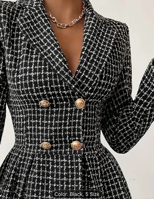 Classic Tweed Plaid Double-Breasted Long Sleeve Blazer - Ladies Blazer with Elegant Label Neck, Perfect for Fall & Winter - Stylish Women's Clothing for Everyday Wear