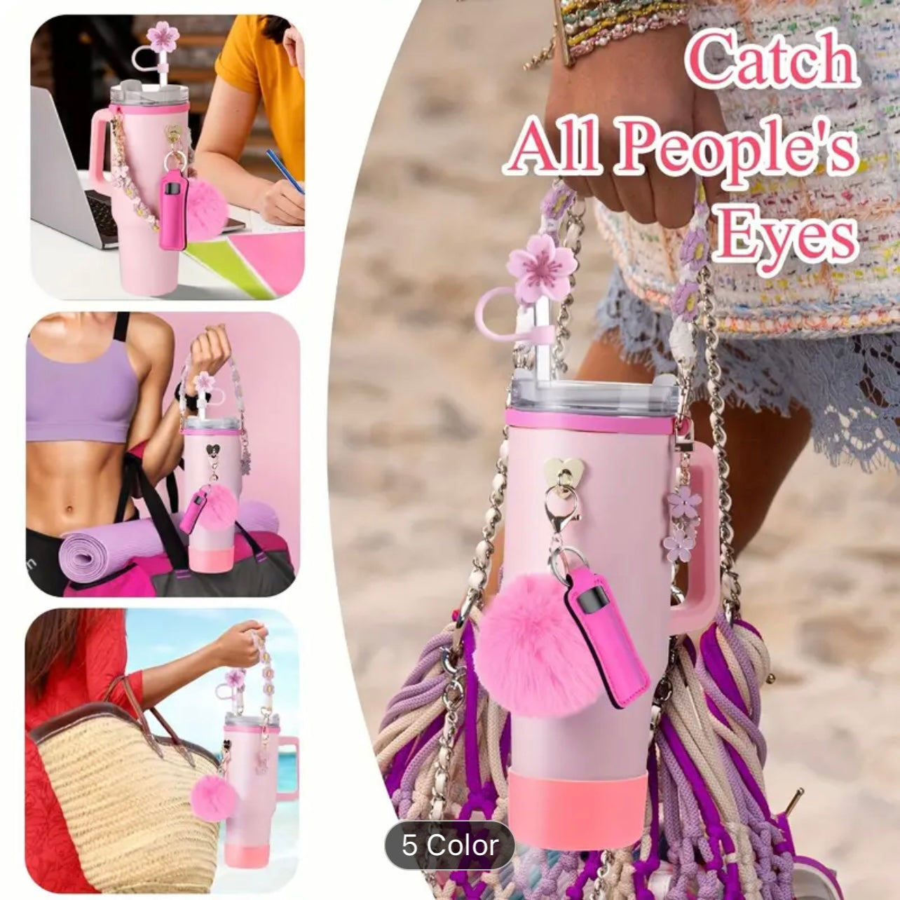 Guulone 8PCS Water Bottle Accessory Kit: Silicone Handle Strap, Protective Sleeve, Straw Cover, Lipstick Pouch, Cup Charms - Fits 30oz/40oz Insulated Tumblers