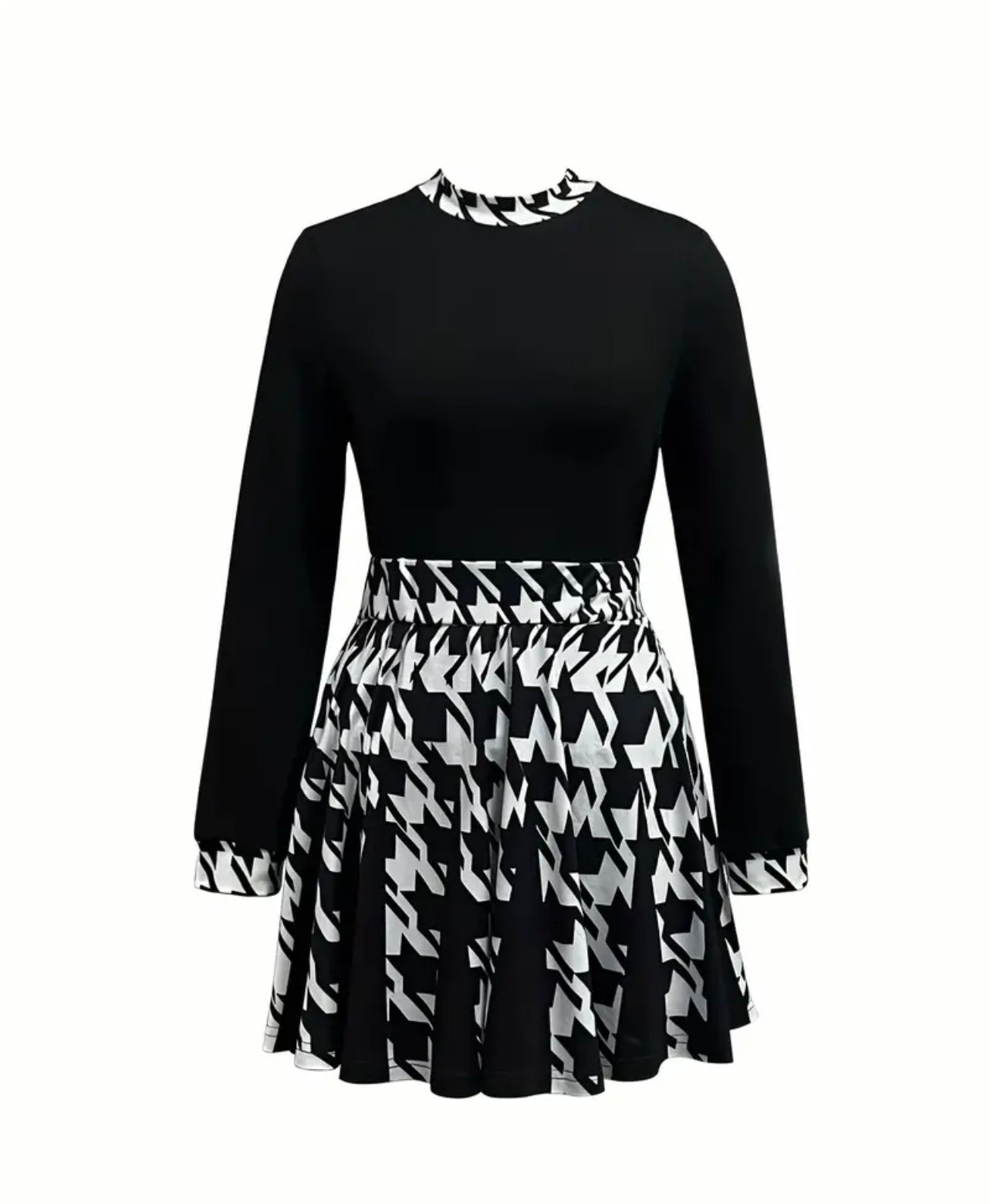 attering Houndstooth Skirt Set - Mock Neck Long Sleeve Top & Pleated Mini Skirt Outfit - Chic Modern Womens Clothing