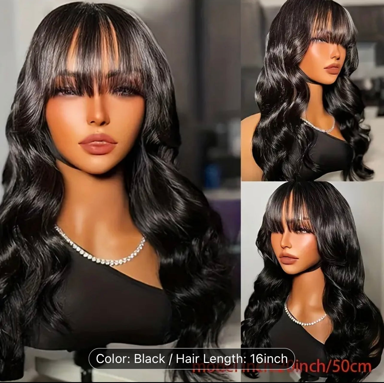 16 Inches Body Wave Brazilian Virgin Hair Wigs with Bangs - Machine Made, None Lace Front, Unprocessed, Natural Color, Soft and Silky, Long-Lasting, Easy to Style and Maintain - Perfect for Women