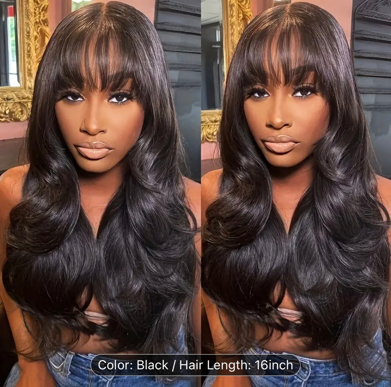 16 Inches Body Wave Brazilian Virgin Hair Wigs with Bangs - Machine Made, None Lace Front, Unprocessed, Natural Color, Soft and Silky, Long-Lasting, Easy to Style and Maintain - Perfect for Women
