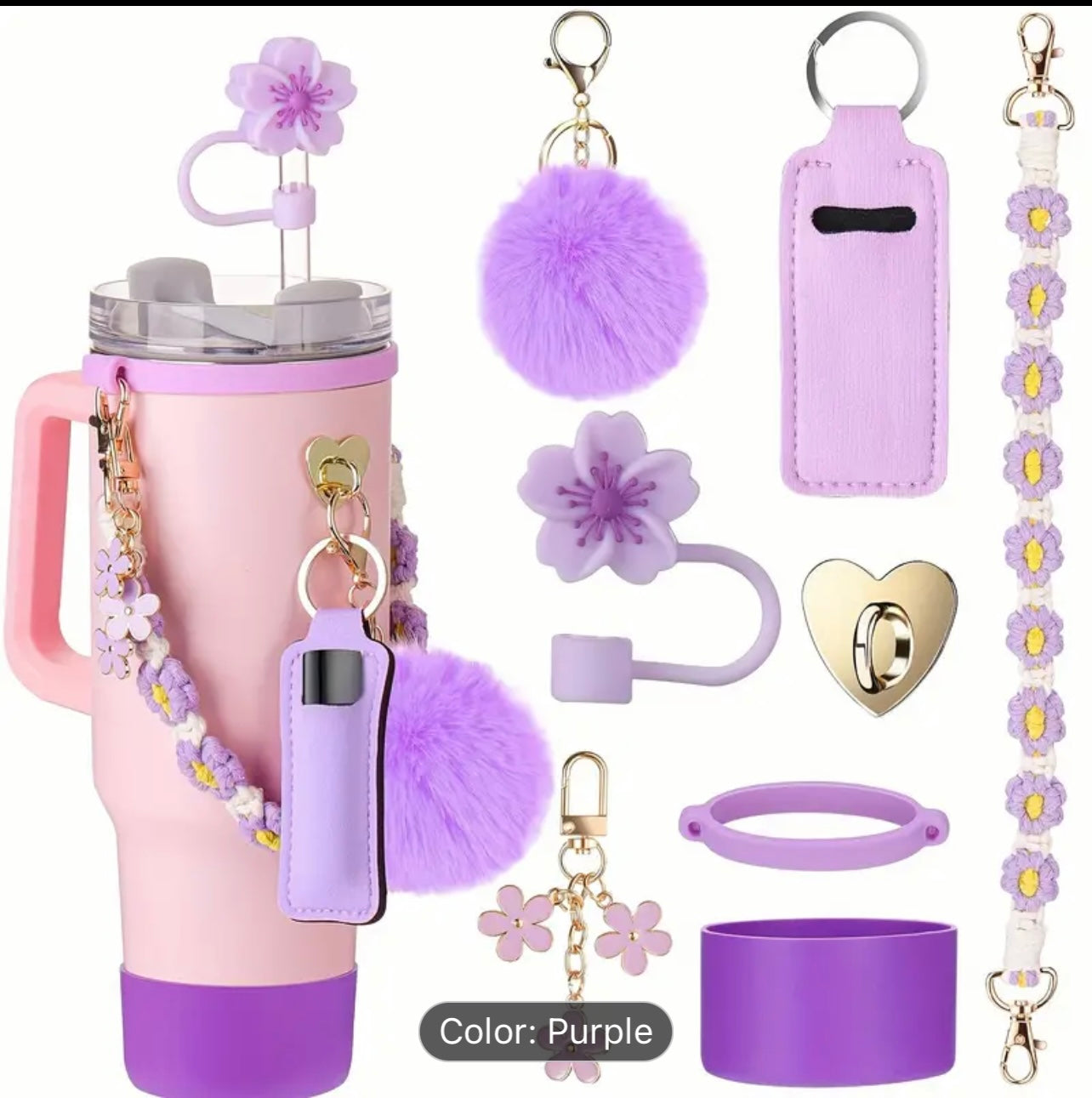 Guulone 8PCS Water Bottle Accessory Kit: Silicone Handle Strap, Protective Sleeve, Straw Cover, Lipstick Pouch, Cup Charms - Fits 30oz/40oz Insulated Tumblers