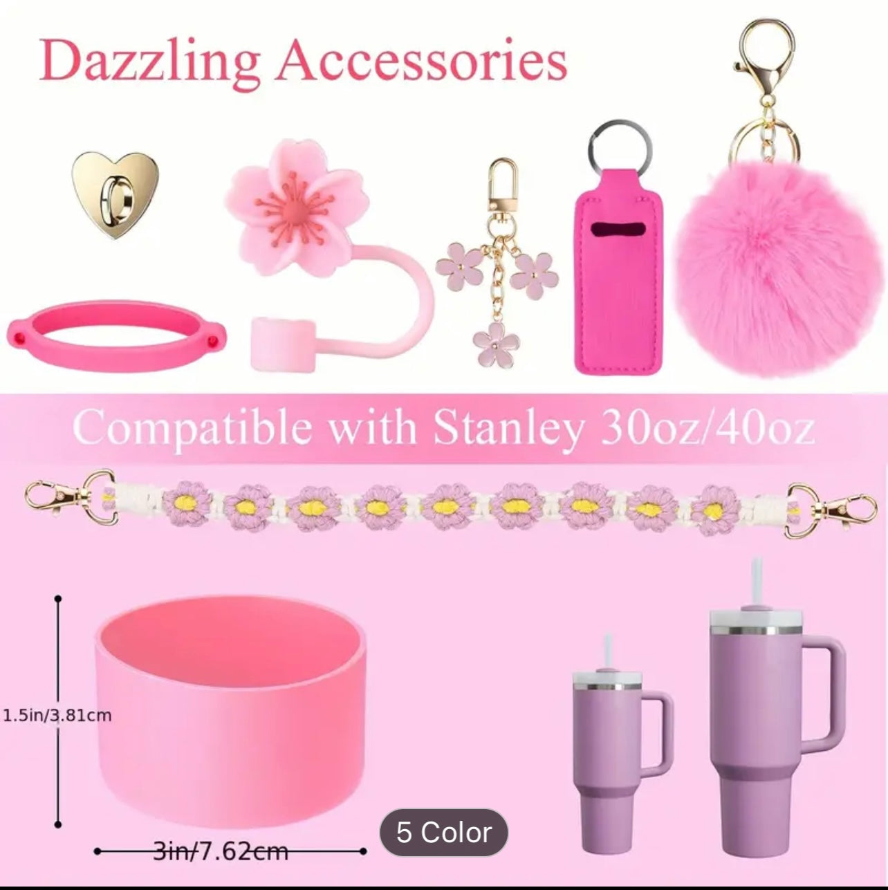 Guulone 8PCS Water Bottle Accessory Kit: Silicone Handle Strap, Protective Sleeve, Straw Cover, Lipstick Pouch, Cup Charms - Fits 30oz/40oz Insulated Tumblers