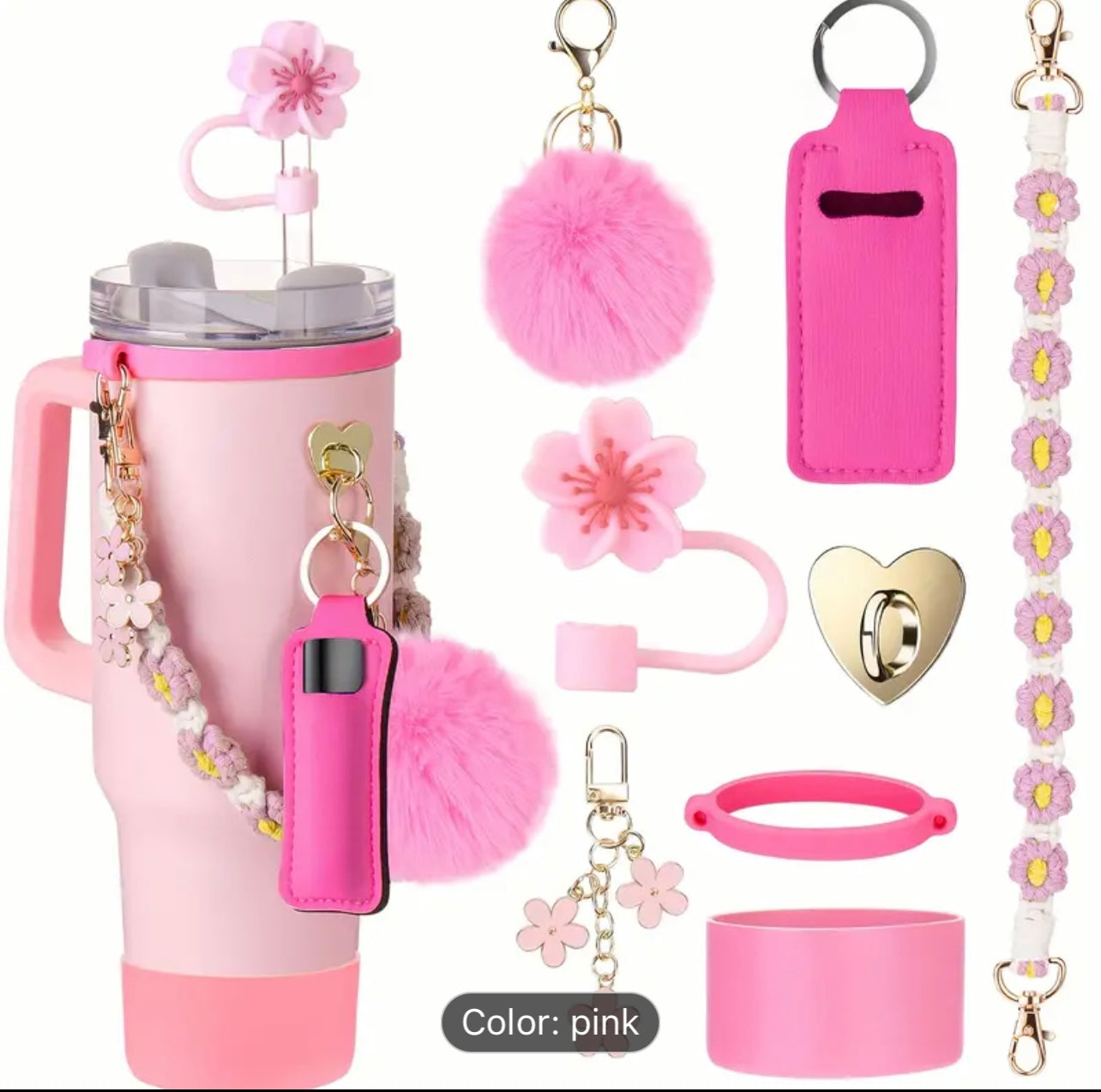 Guulone 8PCS Water Bottle Accessory Kit: Silicone Handle Strap, Protective Sleeve, Straw Cover, Lipstick Pouch, Cup Charms - Fits 30oz/40oz Insulated Tumblers