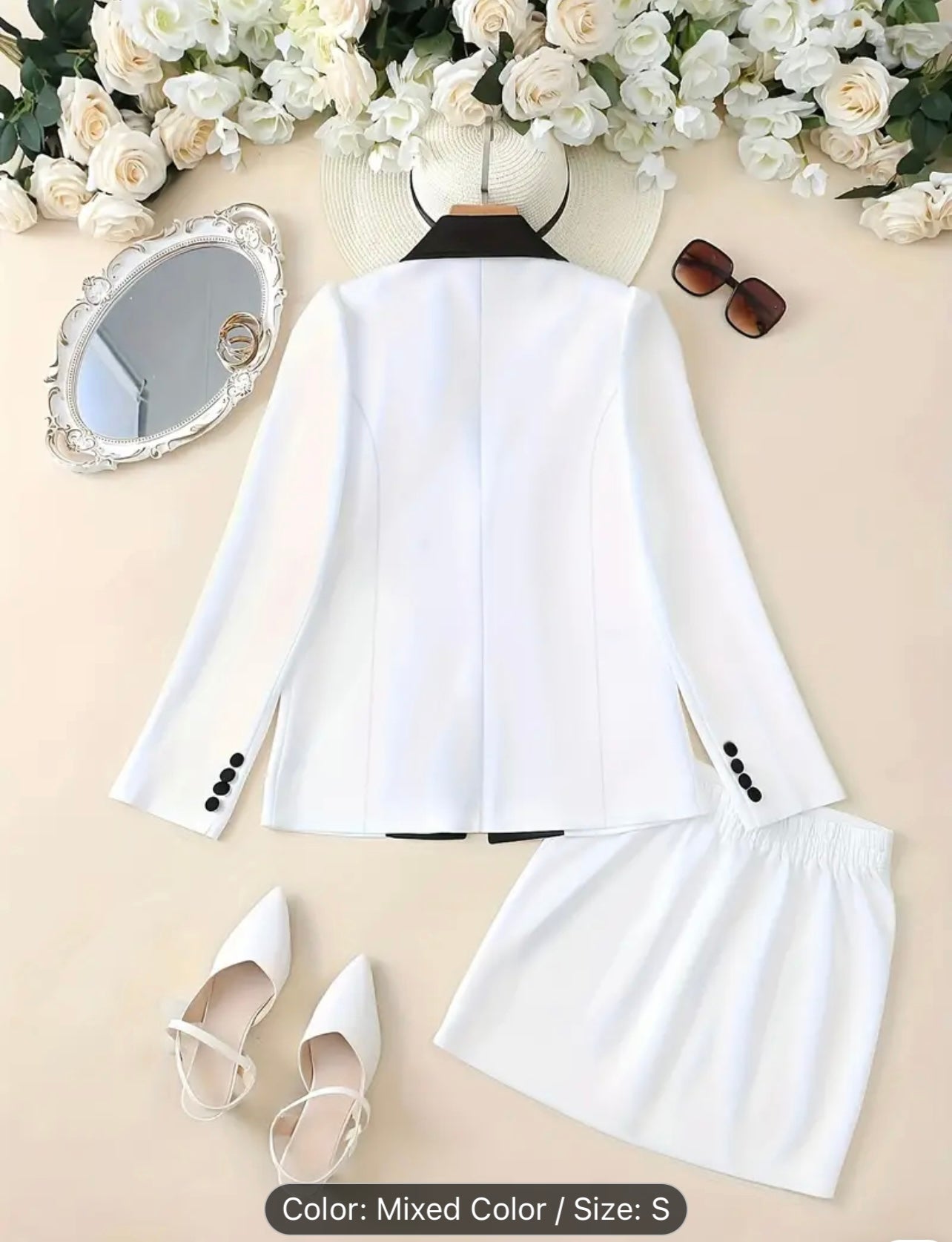 Two-Piece Suit Set - Elegant Lapel Collar Double Breasted Blazer & Bodycon Skirt Outfit - Polyester Mid Elasticity Knit Fabric, Solid Color, No Printing, All Seasons, Elegant Style
