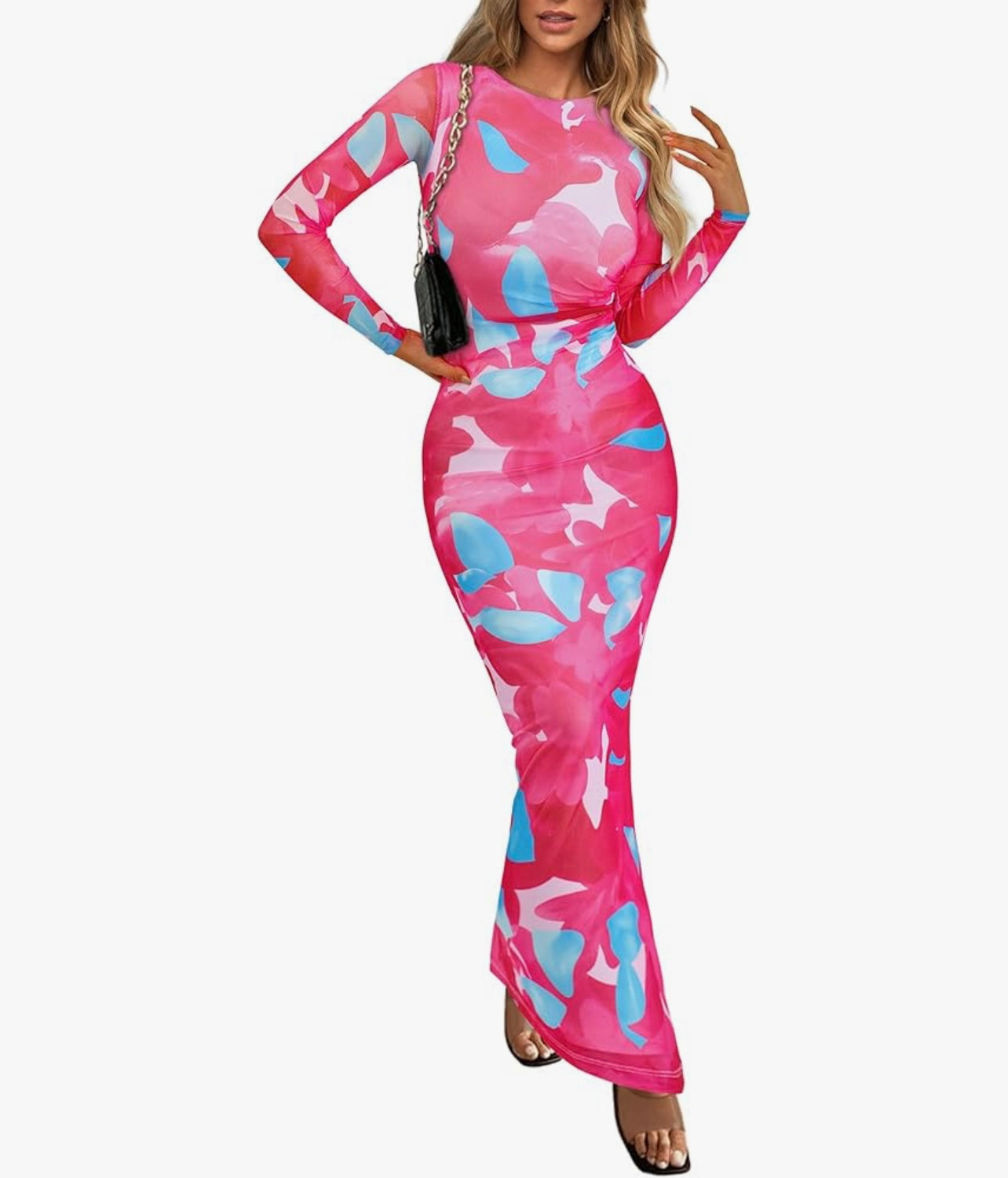 Women's Bodycon Maxi Dress Fall Fashion Long Sleeve Floral Print Tight Fitted Party Club Ruched Dresses