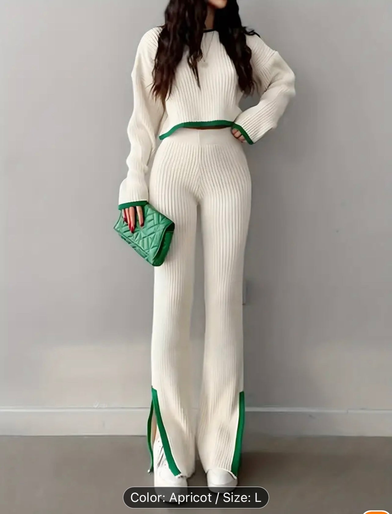 Stylish Ribbed Pantsuits - Elegant Contrast Trim, Drop Shoulder Long Sleeve Crop Top, High Waist Slim Pants, Comfortable Women's Clothing for Everyday Wear