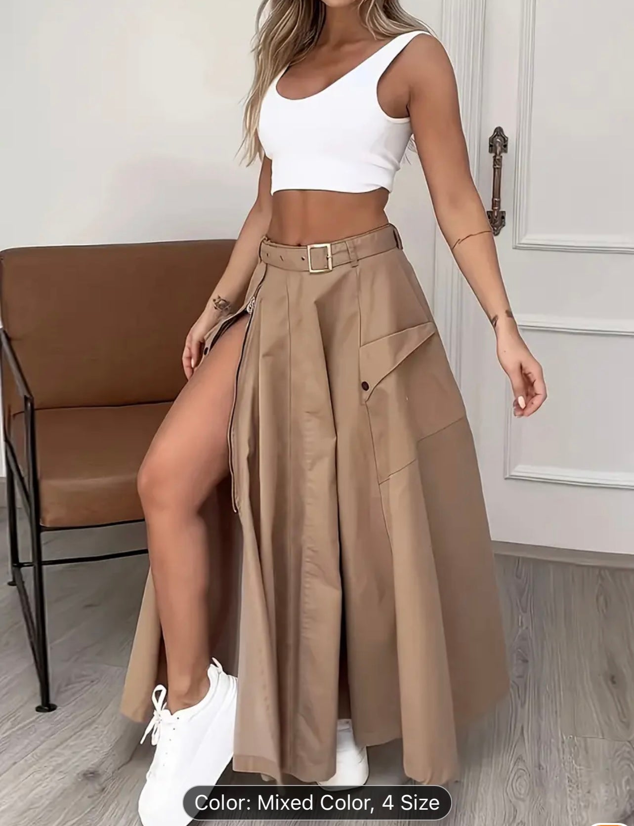 Two-Piece Solid Matching Set - Comfortable Crew Neck Tank Top & Split Skirt Outfit for Women - Casual, Chic, and Versatile Clothing for Everyday Wear