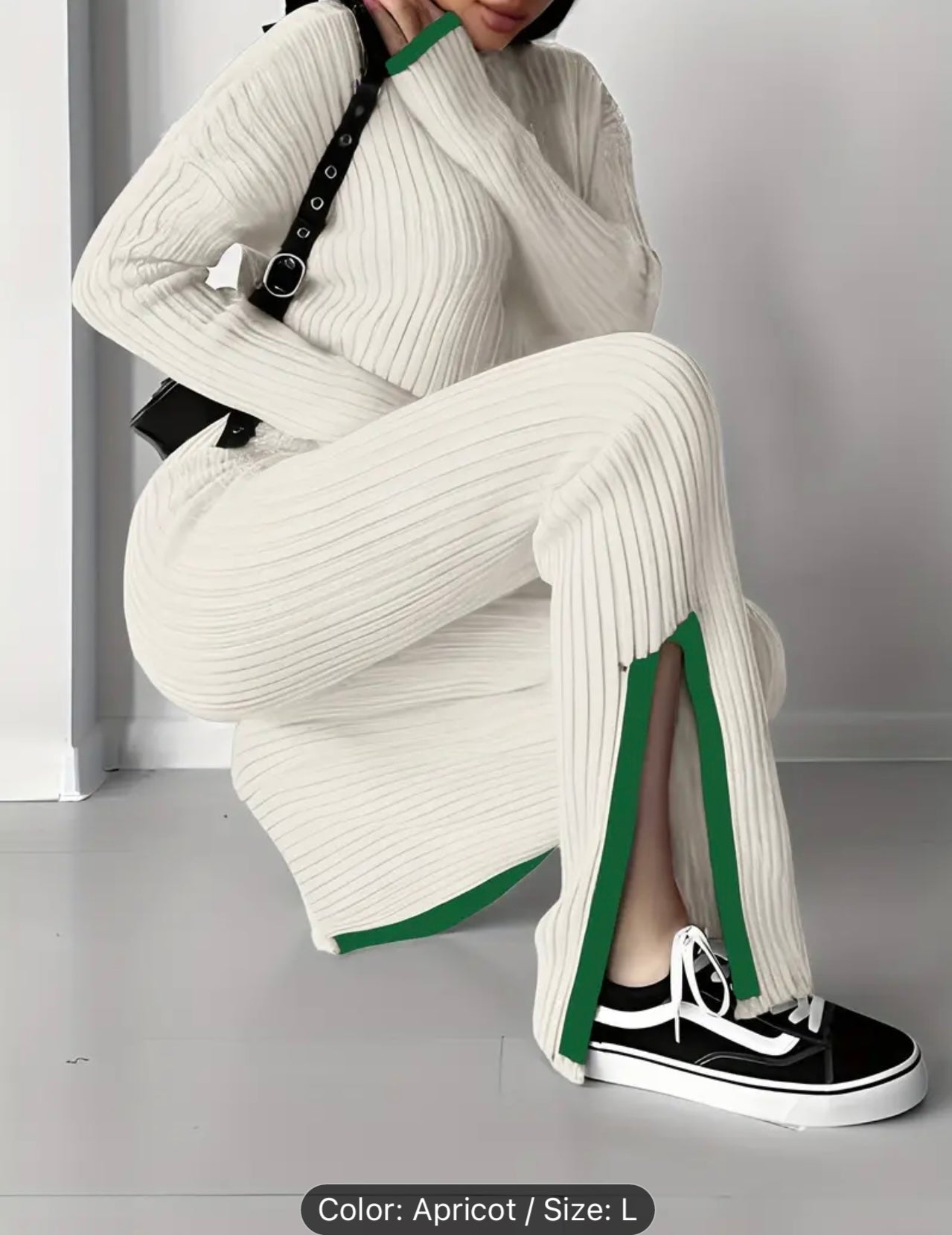 Stylish Ribbed Pantsuits - Elegant Contrast Trim, Drop Shoulder Long Sleeve Crop Top, High Waist Slim Pants, Comfortable Women's Clothing for Everyday Wear