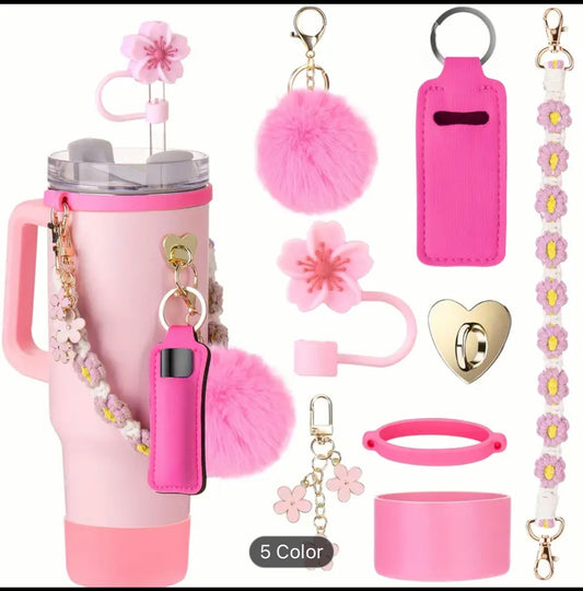 Guulone 8PCS Water Bottle Accessory Kit: Silicone Handle Strap, Protective Sleeve, Straw Cover, Lipstick Pouch, Cup Charms - Fits 30oz/40oz Insulated Tumblers