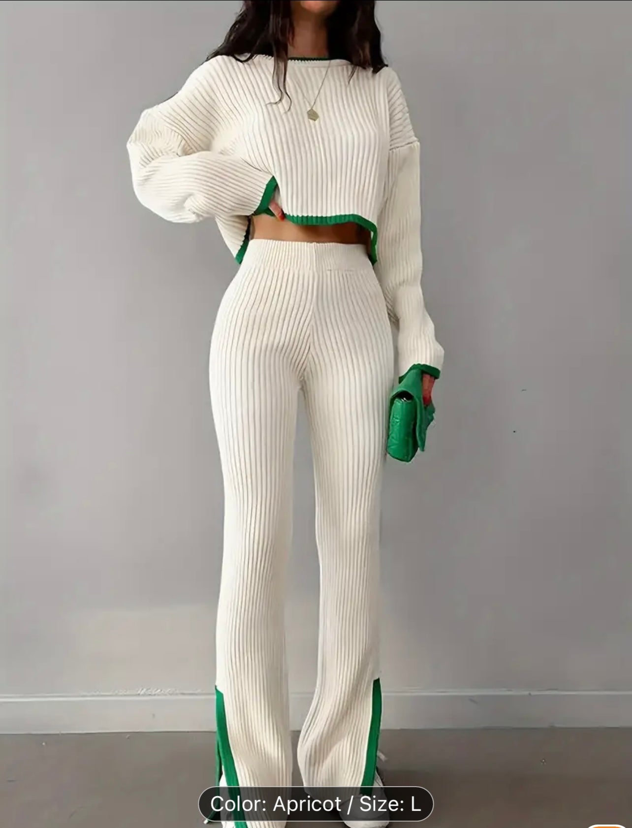Stylish Ribbed Pantsuits - Elegant Contrast Trim, Drop Shoulder Long Sleeve Crop Top, High Waist Slim Pants, Comfortable Women's Clothing for Everyday Wear