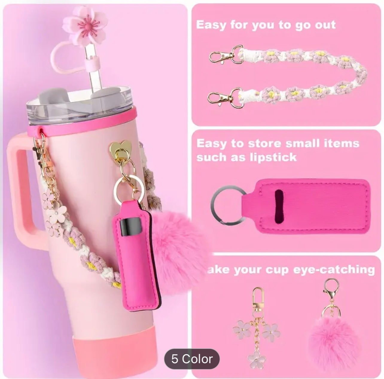 Guulone 8PCS Water Bottle Accessory Kit: Silicone Handle Strap, Protective Sleeve, Straw Cover, Lipstick Pouch, Cup Charms - Fits 30oz/40oz Insulated Tumblers