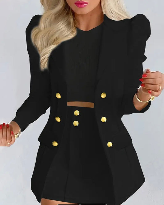 2 Pcs Chic Solid Color Blazer & Skirt Outfit - Women's Blazers with Leg Of Mutton Sleeve, Double-breasted, High Waist, Bodycon Mini Skirt, Perfect for Formal Occasions and Workwear