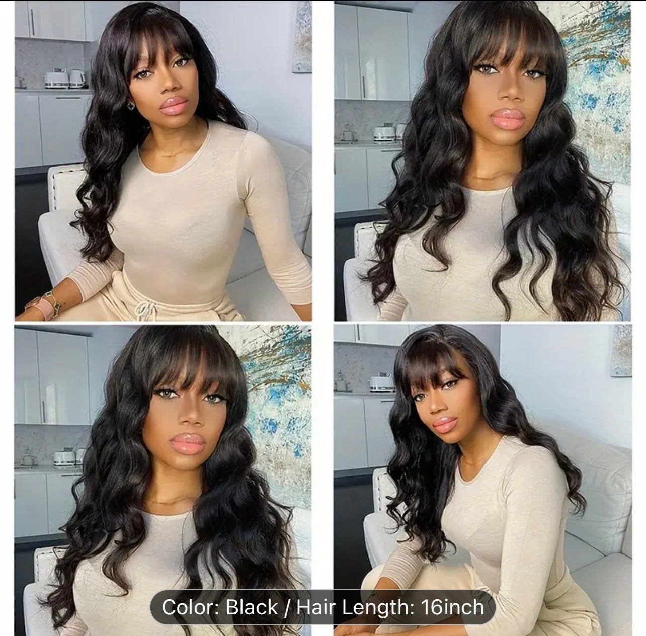 16 Inches Body Wave Brazilian Virgin Hair Wigs with Bangs - Machine Made, None Lace Front, Unprocessed, Natural Color, Soft and Silky, Long-Lasting, Easy to Style and Maintain - Perfect for Women