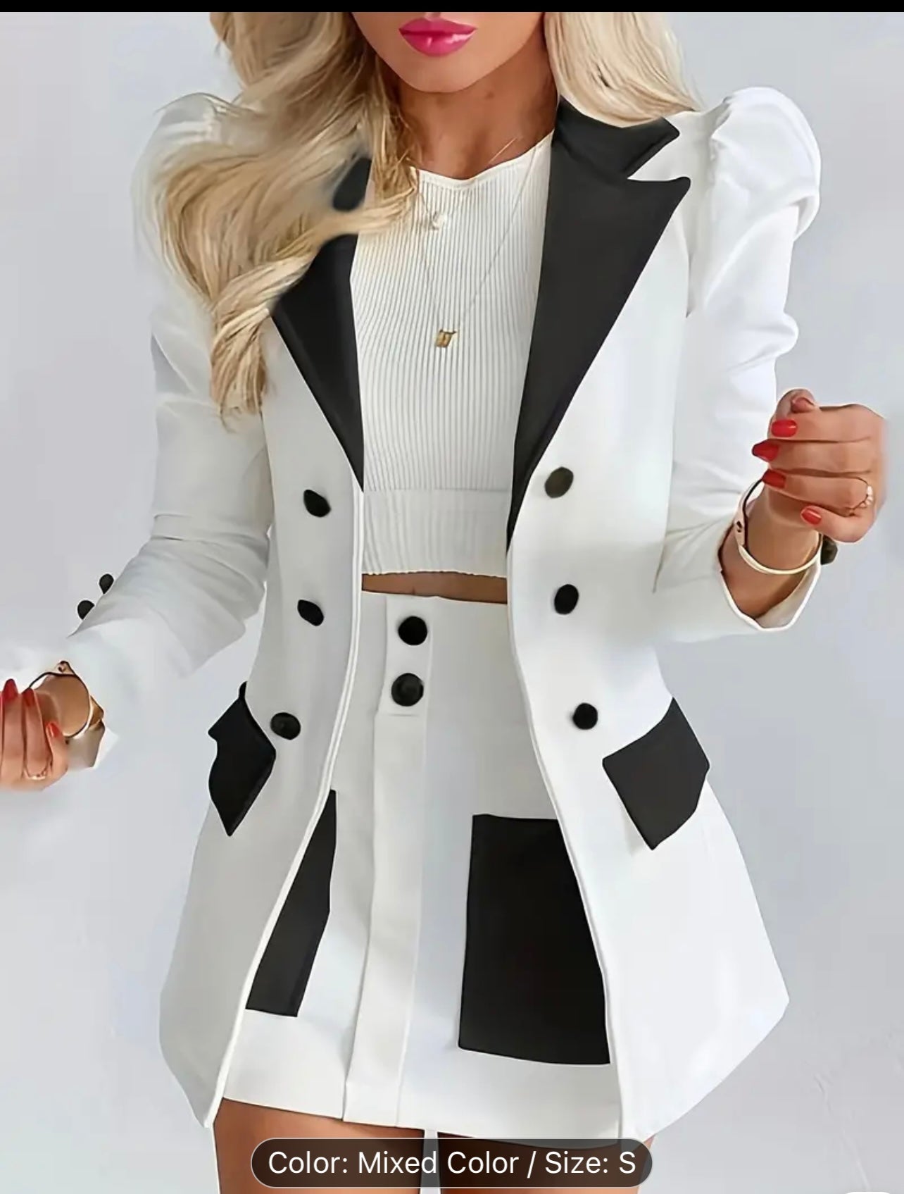Two-Piece Suit Set - Elegant Lapel Collar Double Breasted Blazer & Bodycon Skirt Outfit - Polyester Mid Elasticity Knit Fabric, Solid Color, No Printing, All Seasons, Elegant Style