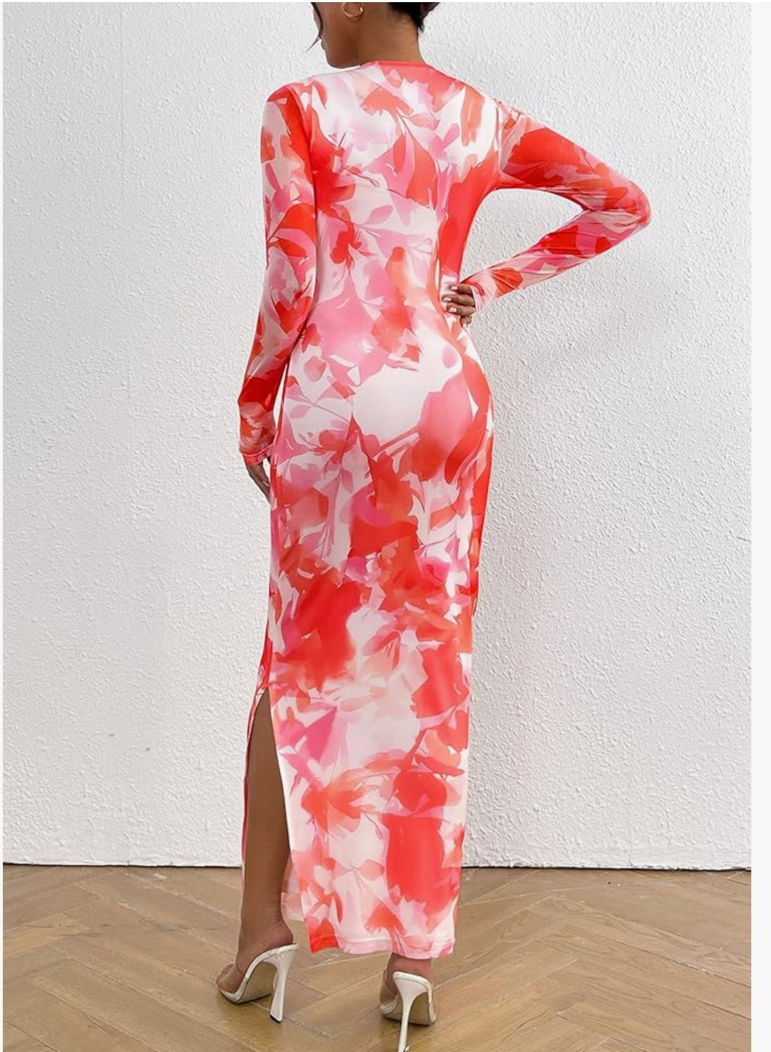 Women's Bodycon Maxi Dress Fall Fashion Long Sleeve Floral Print Tight Fitted Party Club Ruched Dresses