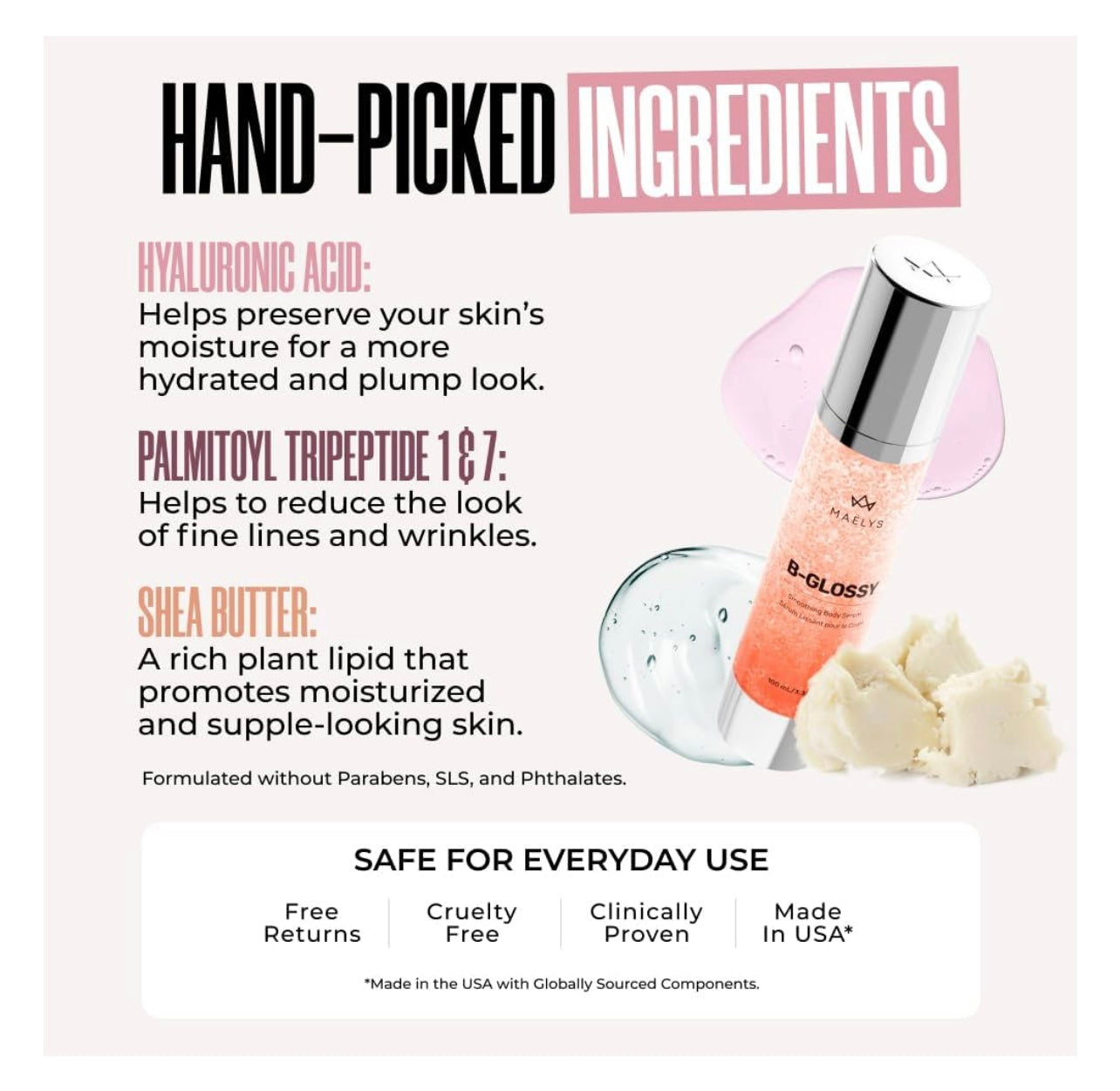 MAËLYS B-GLOSSY Smoothing Body Serum - Hyaluronic Acid Serum for Body - Hydrating Wrinkle Serum with Peptides & Shea Butter